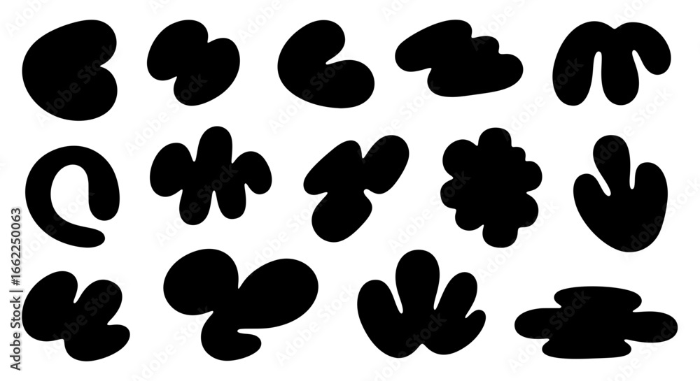 Poster a collection of fifteen modern abstract shapes. set of hand-drawn organic black blobs and playful fo