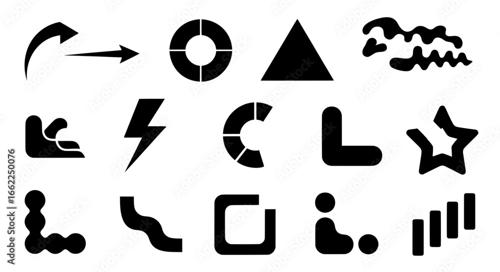 Poster a diverse collection of modern abstract shapes and universal icons. black vector elements like arrow