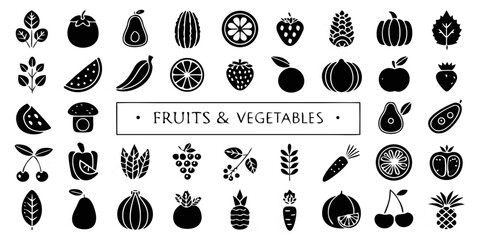 set of black silhouettes of vegetables and fruits 