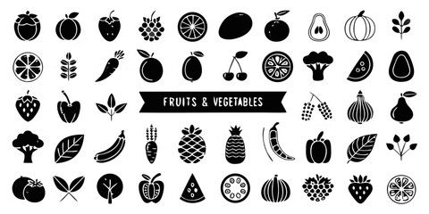 set of black silhouettes of fruits and vegetables 