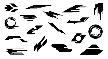 A versatile set of abstract futuristic shapes. Vector graphic elements for creating tech HUD interfaces, racing decals, modern logos, and sci-fi designs.