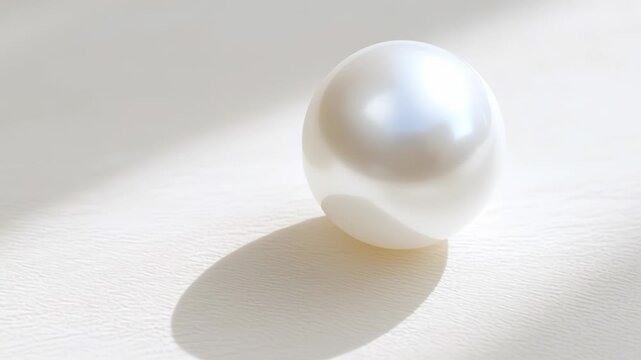 Elegant white pearl rolling gently across a soft textured surface, reflecting light beautifully, showcasing its luster and smoothness in a serene and tranquil setting