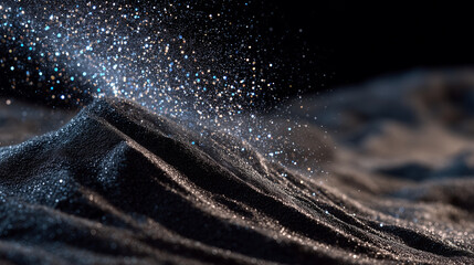 Slow-motion perspective, black sand cascading mid-air, forming intricate patterns as it hits the pile, minimalistic dark backdrop highlighting fine details