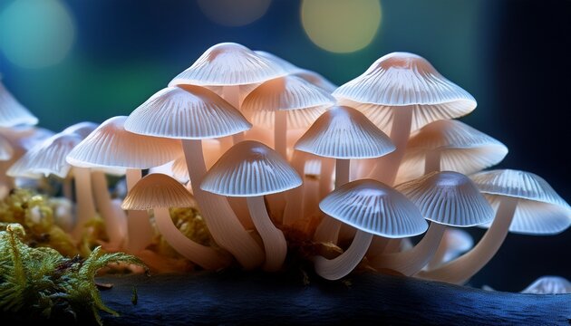 a macro shot of translucent fairy inkcap mushrooms clustered closely