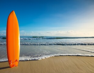 bright orange surfboard stands against serene beach and gentle w