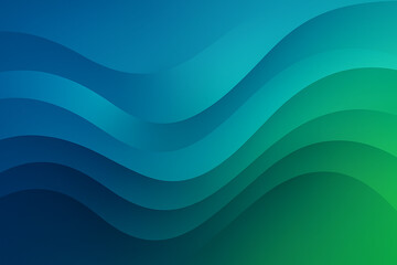 A dynamic abstract background featuring a gradient of colors from deep blue to teal and emerald green. The colors are separated by multiple smooth, flowing, and layered wavy lines that create a sense 