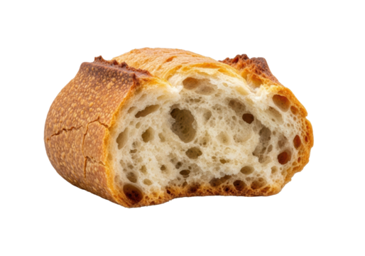 A single broken stale baguette piece, dry porous crumb and flaky golden crust, on a seamless transparent background, studio product shot, macro lens effect, detailed food texture study