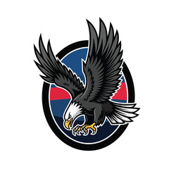 Obraz premium Cartoon eagle in flight, stylized graphic design, circular emblem.