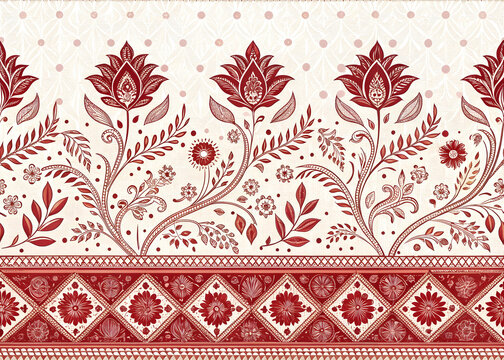 Red and white floral paisley border pattern for fabric textile design image