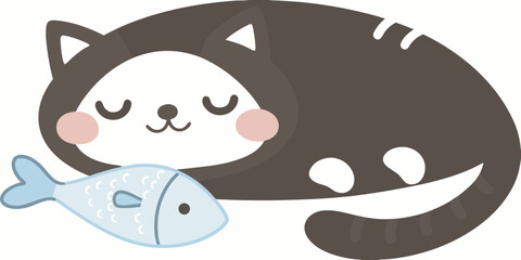 Cute cartoon cat sleeping with a fish vector illustration