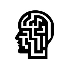 Black line vector icon of human head profile with maze in minimal flat design
