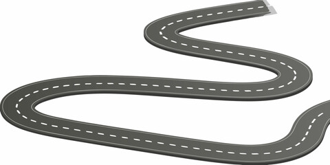 Winding Asphalt Road with White Dashed Lines on White Background Keywords: road, asphalt