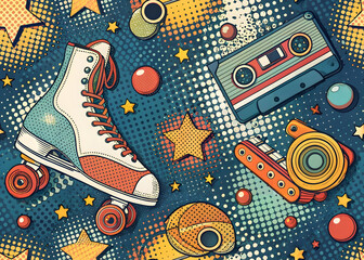 Obraz premium Retro roller skate cassette tape and camera with halftone dots comic style