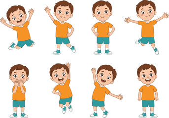 Cute cartoon boy in playful poses, orange shirt, blue shorts, happy child character vector illustration, stock image