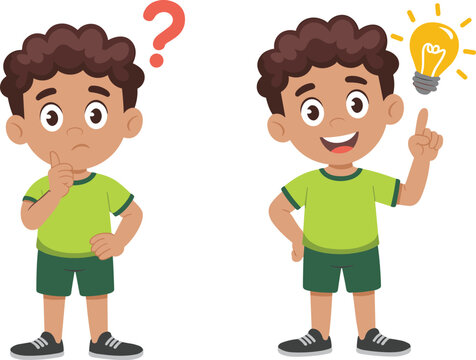 Confused cartoon boy with question mark, happy boy with light bulb idea, problem‑solving concept, children&rsquo;s illustration