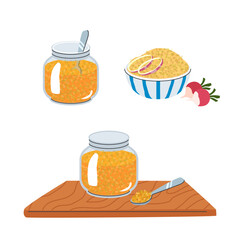 German sweet mustard and Obatzda cheese spread in jars and bowls with onions radishes and spoon on wooden board traditional Oktoberfest food