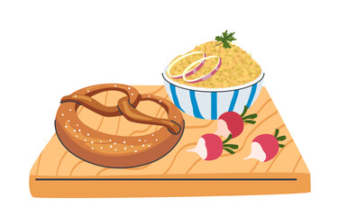 Traditional German Brotzeit with salted pretzel Obatzda cheese spread onions radishes and parsley on wooden board for Oktoberfest snack