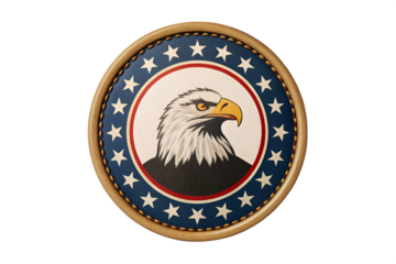 Close up of a round patriotic emblem with an eagle and stars on a white background surface view on transparent background