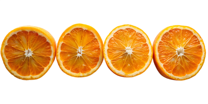 Four juicy orange slices isolated on transparent background