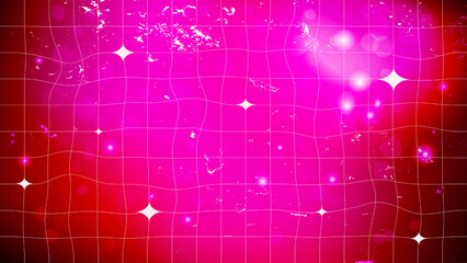 Hot pink glowing gradient checkered disco background with stars and bokeh. Retro wavy 80s 90s 2000s mesh pattern for abstract design, template, poster, banner, or wallpaper. Vector illustration.