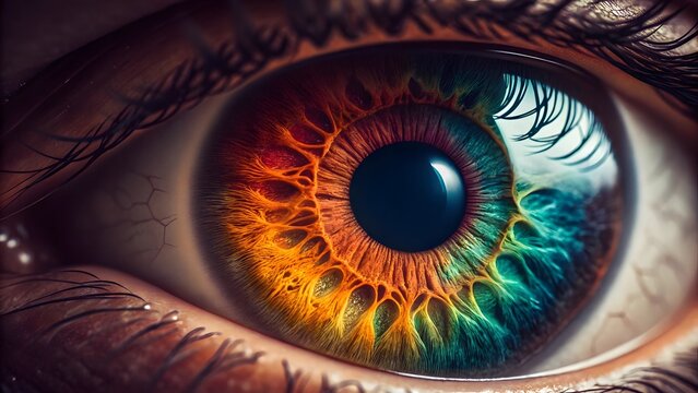 Vivid Iris A Magnified Macro Photo of a Human Eye, Window to a Kaleidoscope A Colorful Human Eye Close-Up, Mesmerizing Eye A Detailed Portrait with Vibrant Hues, The Eye's Universe Intricate Iris