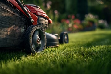 A modern lawn mower at work in a vibrant garden.