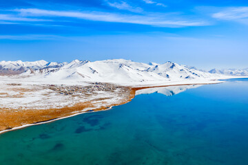 Karakul lake aerial panoramic view in Tajikistan