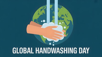 Hands washing with water and soap over earth globe for global handwashing day campaign poster