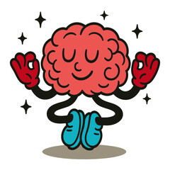 Funny cartoon brain mascot meditating in a lotus pose. A retro vector illustration for mindfulness, mental health, and calm.