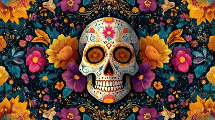 a sugar skull surrounded by flowers and leaves