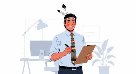 Modern professional integrating indigenous motifs into workplace attire creates a sense of cultural appreciation and individuality amidst corporate life