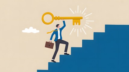 Man climbing stairs with briefcase holding a large golden key to success illustration art