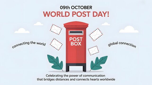 World post day celebration with red postbox, envelopes, leaves, and connecting the world message