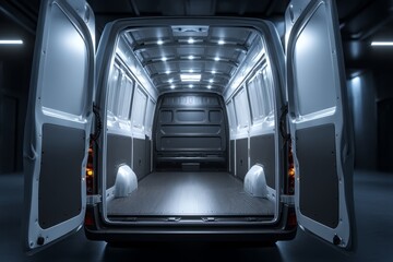 A white van with its rear doors open displays an empty truck bed.