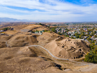 Ancient Penjikent ruins aerial panoramic view, Tajikistan