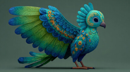 Obraz premium A vibrant, cartoon-like bird with green and blue plumage in 3D