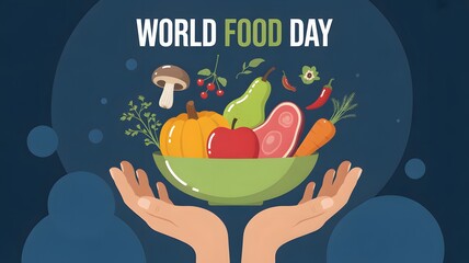 World food day illustration with hands holding a bowl of various fruits and vegetables design