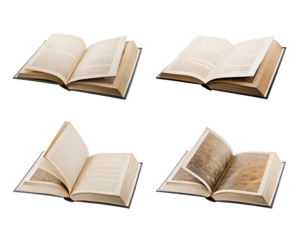 Book collection with open hardcovers. Pages turning, side view of antique novels, textbooks and