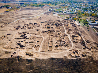 Ancient Penjikent ruins aerial panoramic view, Tajikistan