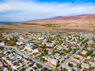 Penjikent city aerial panoramic view in Tajikistan