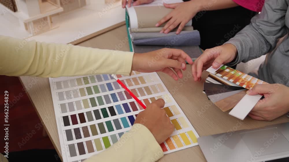 Poster slow motion hand closeup of professional architect and interior designer presenting material and col