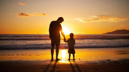 A Heartwarming Sunset Beach Scene of a Parent and Child Holding Hands, Silhouetted Against a Vibrant Sky and Reflecting Water