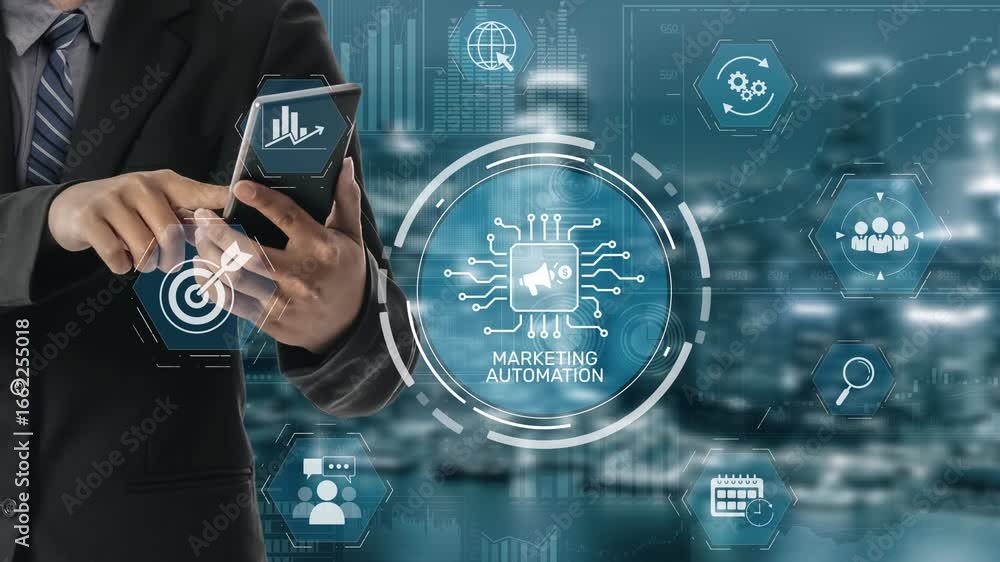 Poster marketing automation diagram showcase ai-driven campaign workflow, highlight marketing automation, d