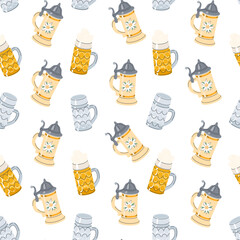 Seamless pattern of German beer steins and frothy beer mugs with traditional motifs and metal lids on white background for Oktoberfest