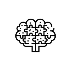 Black line vector icon of puzzle brain in minimal flat design
