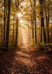 Naklejka premium Sunlight path through autumn forest