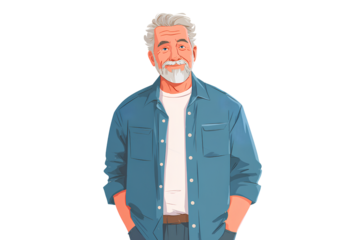  A handsome middle-aged man with gray hair and a beard, wearing a blue shirt with a white T-shit underneath 