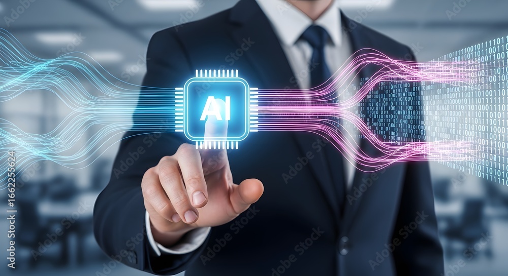 Aufkleber professional businessman interacts with glowing ai chip interface, symbolizing data processing and f