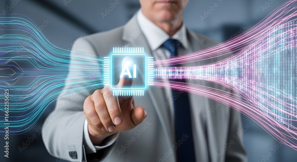 Aufkleber professional businessman interacts with glowing ai chip, symbolizing digital transformation and futu
