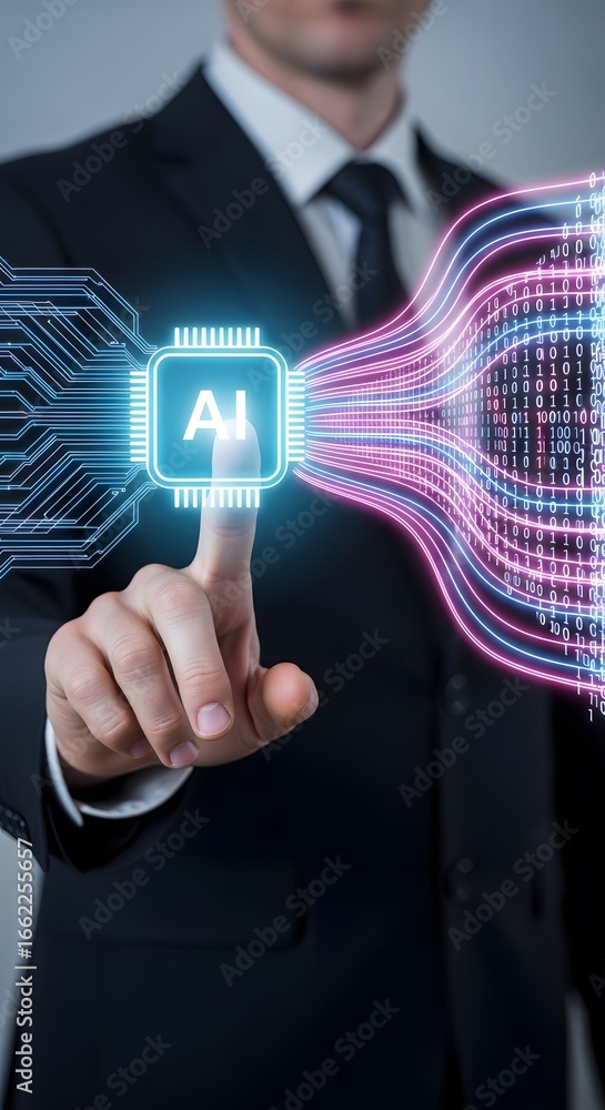 Aufkleber professional executive interacts with glowing ai chip, symbolizing innovation and data flow, driving